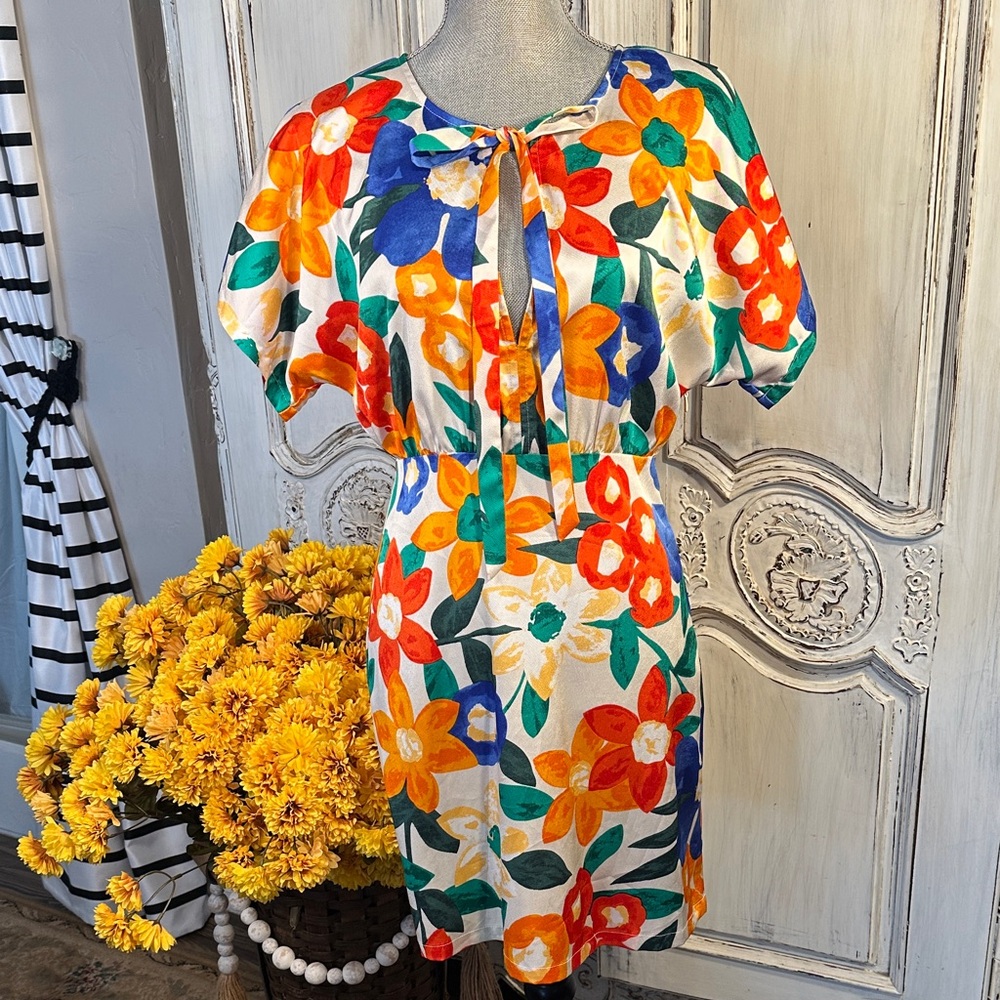 Traffic People Bright Floral Tie-Neck Waisted  Mini Dress